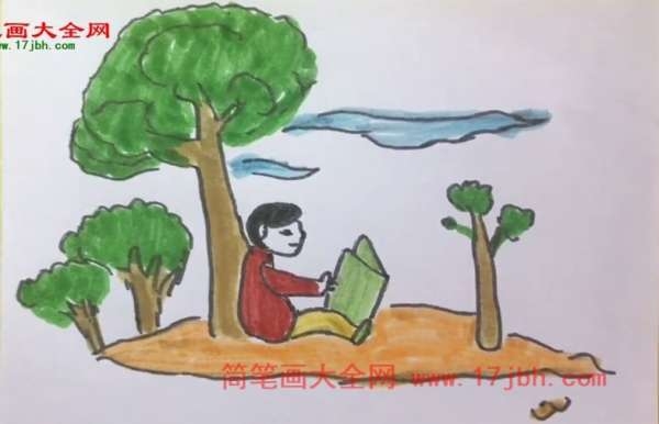 春天的风景简笔画图画大树下孩子在读书的图片