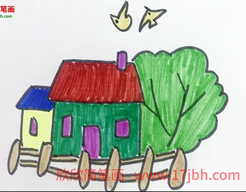 儿童简笔画房子和风景